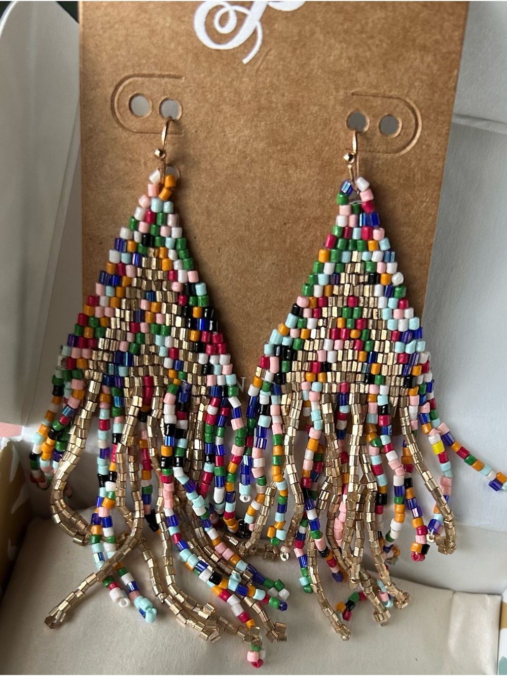 Plunder Multicolor Seed Bead Fringe Earrings with Gold Bead Accents